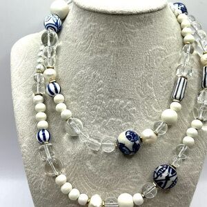 Chinese Blue White Porcelain Beaded Necklace Painted Beads Asian Jewelry Glass